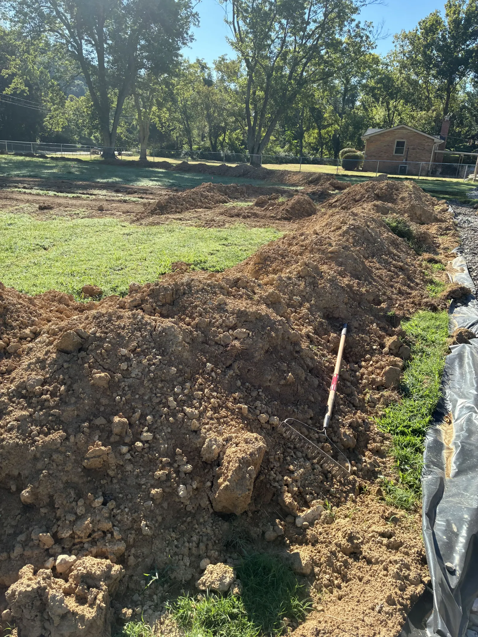 Sewer line trench dug across a lawn to the house
